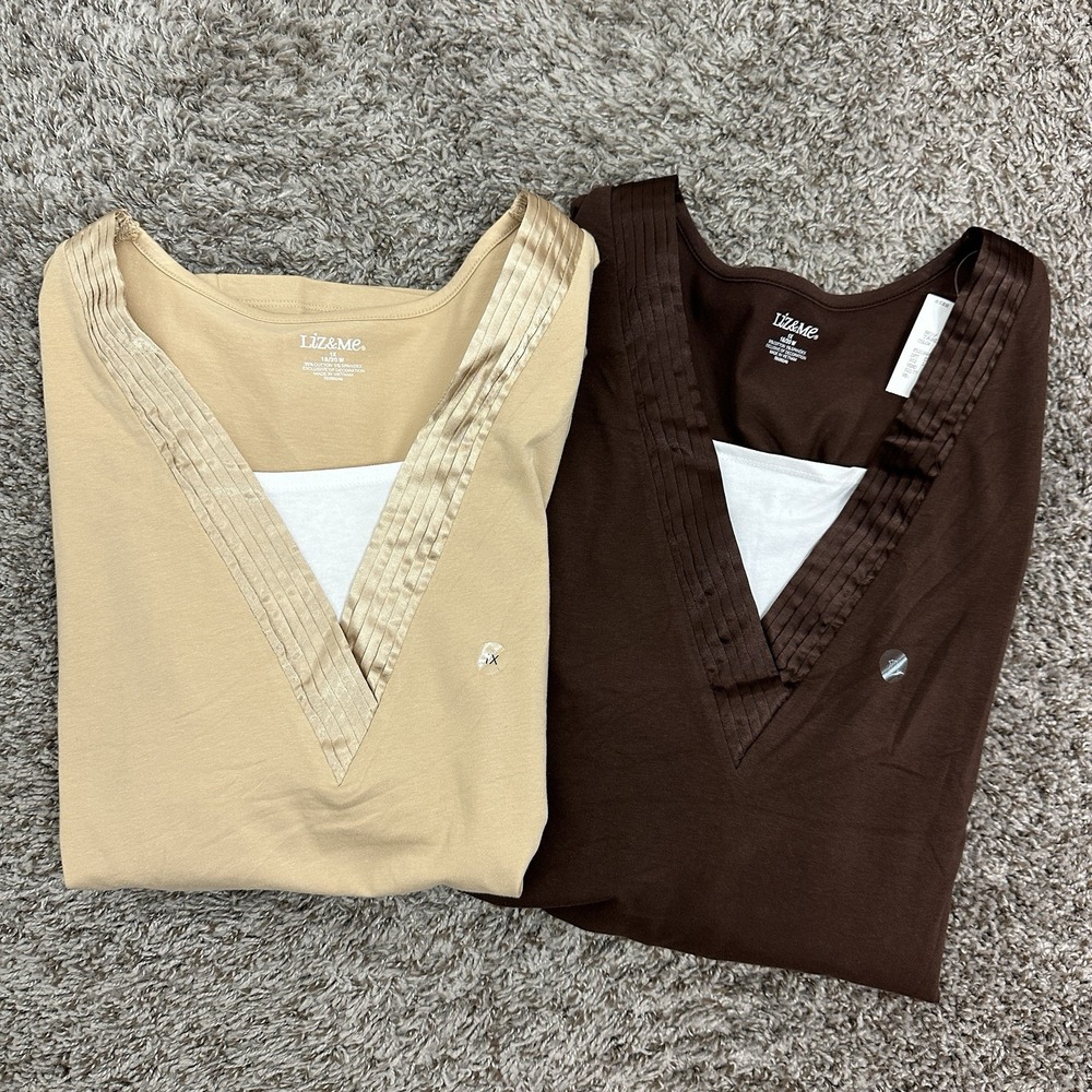Lot Of 2 Liz & Me Tops Women 1X Long Sleeve Cotton Stretch Essential Neutral New